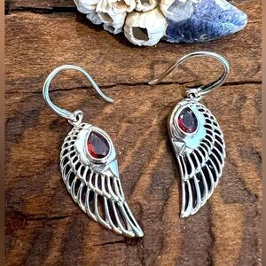New Bali Earrings Red Garnet Wing Silver Hooks Gem Natural Stone Biker 4 cms NWT